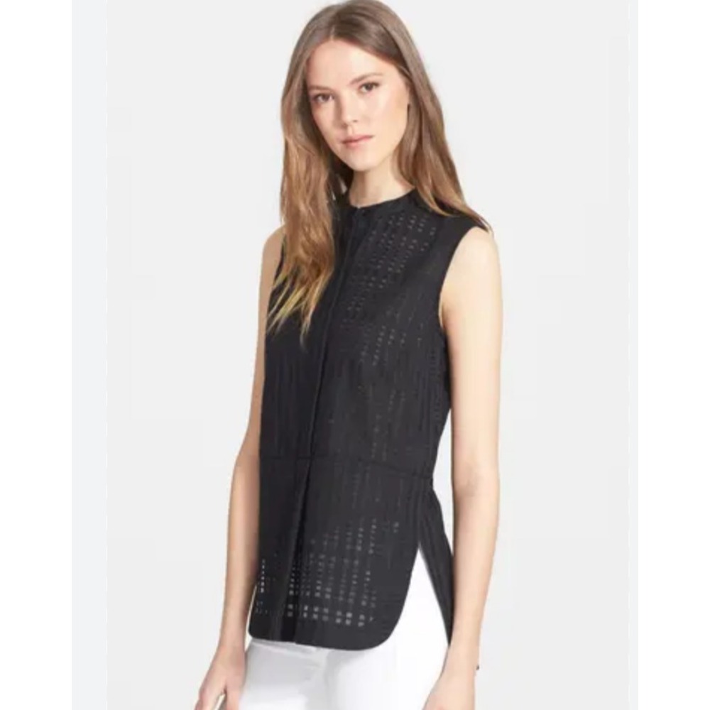 Vince Sleeveless Tunic Size XS‎ Sheer Checkered Split Rounded Hem Tank Top Black